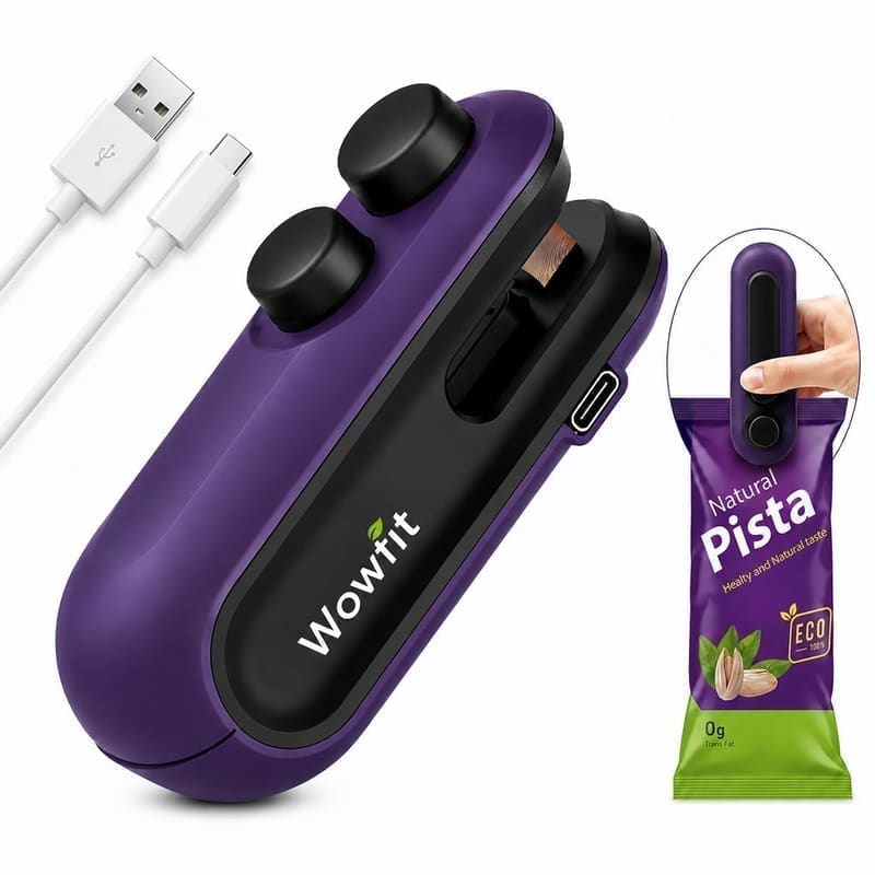Wowfit Mini Sealing Machine for Food Packets hero shot — thumb-sized handheld heat sealer with magnetic stand, sealing slot and on/off slider button on white background