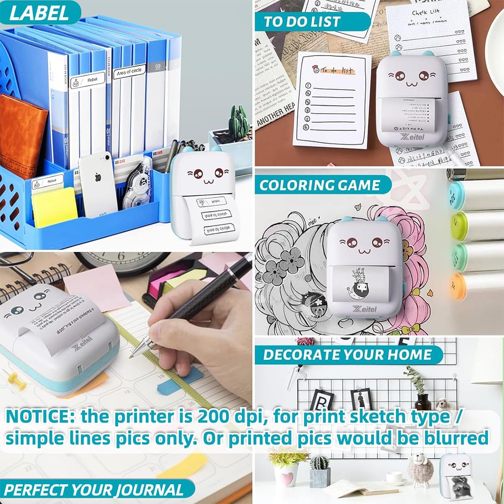ZEITEL mini printer paired to a phone over Bluetooth, with the companion app open showing photo-to-print, study notes and label-template options
